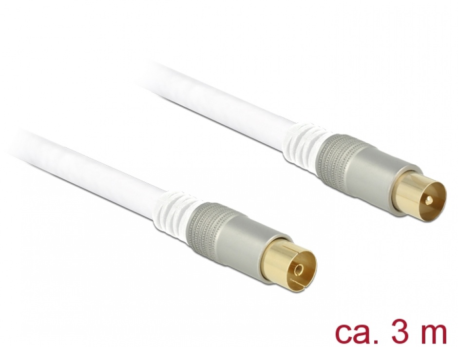 Cablu antena iec plug la iec jack rg-6/u 3m premium alb, delock 89413